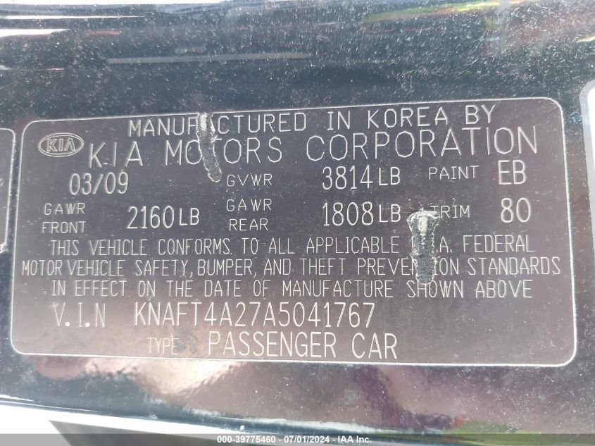 2010 Kia Forte Lx VIN: KNAFT4A27A5041767 Lot: 39775460