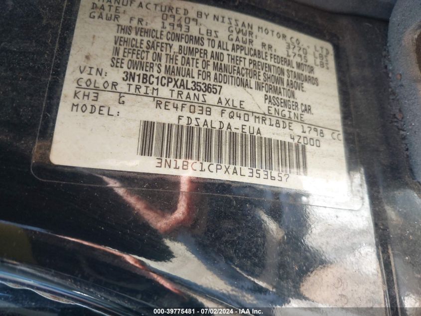 2010 Nissan Versa 1.8S VIN: 3N1BC1CPXAL353657 Lot: 39775481