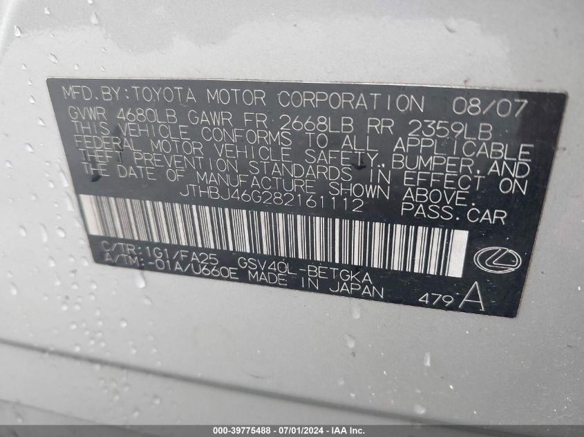 2008 Lexus Es 350 VIN: JTHBJ46G282161112 Lot: 39775488