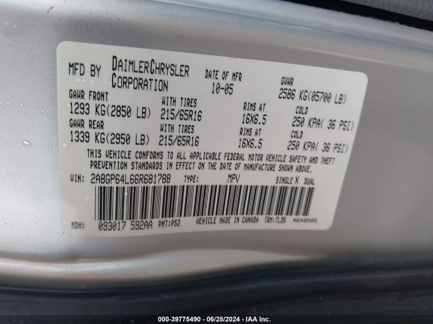 2006 Chrysler Town & Country Limited VIN: 2A8GP64L66R681788 Lot: 39775490