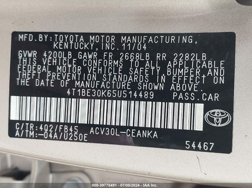 2005 Toyota Camry Le VIN: 4T1BE30K65U514489 Lot: 39775491