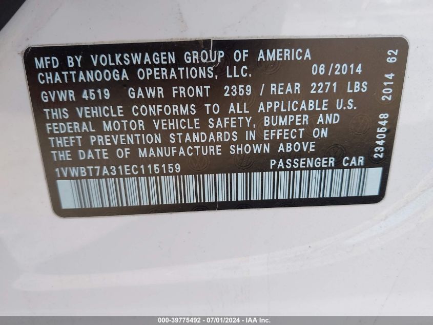 2014 Volkswagen Passat 1.8T Sport VIN: 1VWBT7A31EC115159 Lot: 39775492
