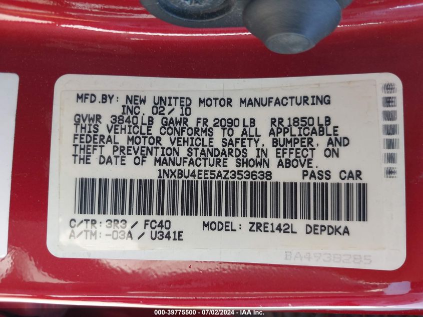 2010 Toyota Corolla S/Le/Xle VIN: 1NXBU4EE5AZ353638 Lot: 39775500