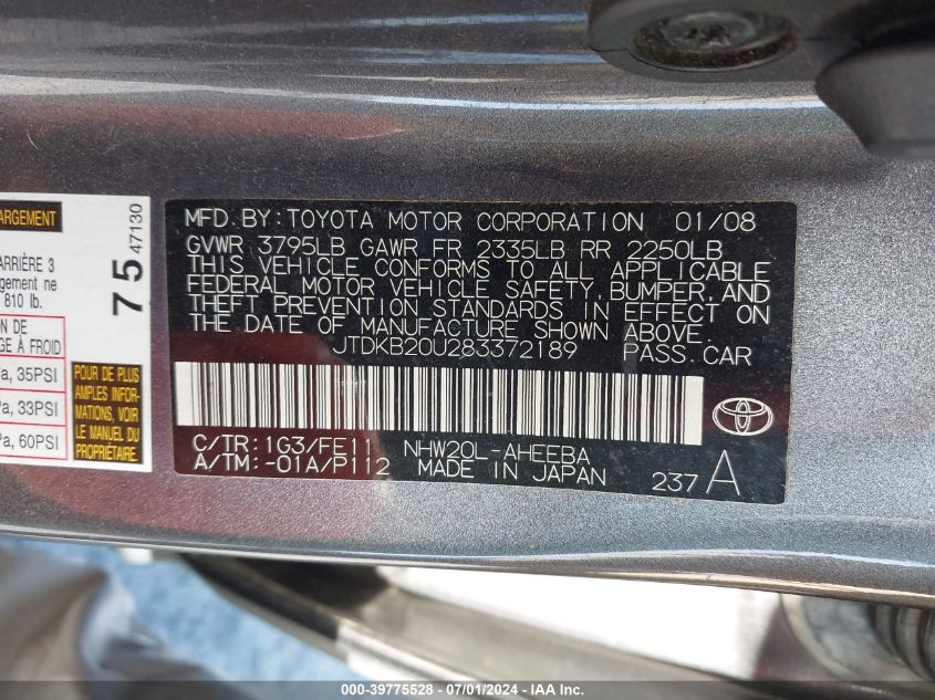 2008 Toyota Prius VIN: JTDKB20U283372189 Lot: 39775528