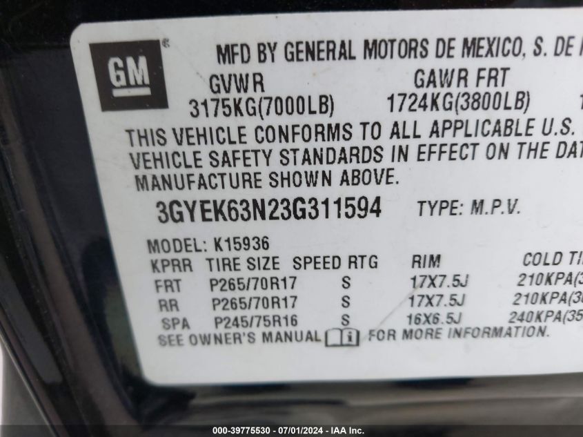 2003 Cadillac Escalade Ext Standard VIN: 3GYEK63N23G311594 Lot: 39775530