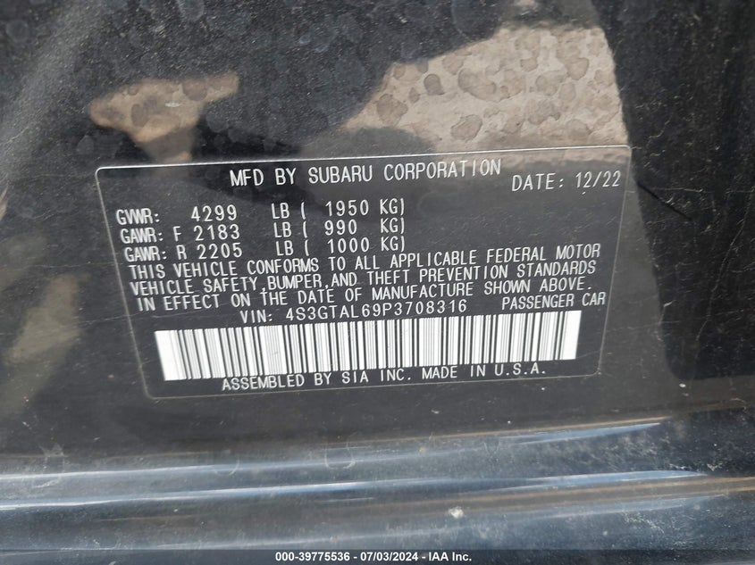 2023 Subaru Impreza Sport 5-Door VIN: 4S3GTAL69P3708316 Lot: 39775536