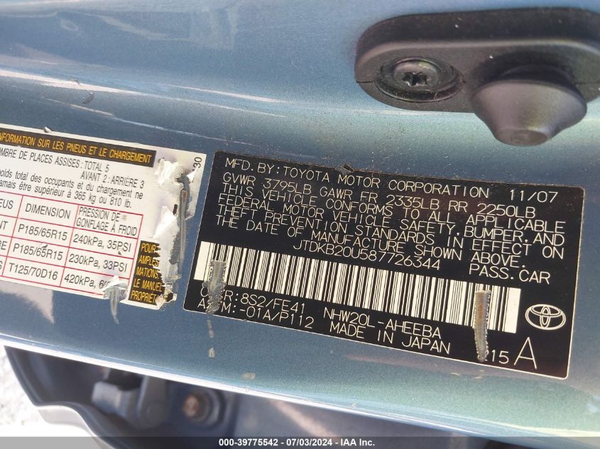 2008 Toyota Prius Base (Cvt-E) VIN: JTDKB20U587726344 Lot: 39775542