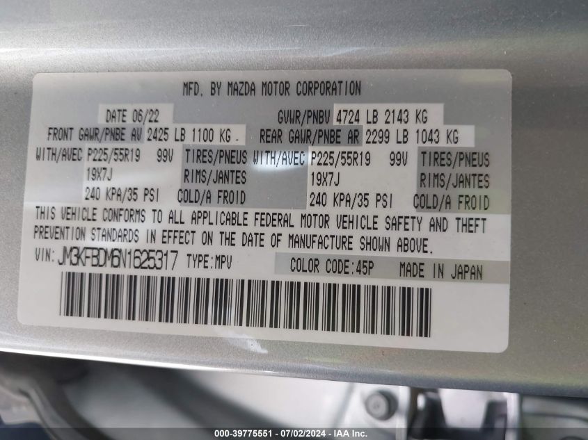 2022 Mazda Cx-5 2.5 S Premium VIN: JM3KFBDM6N1625317 Lot: 39775551