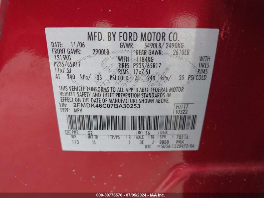 2007 Ford Edge Se VIN: 2FMDK46C07BA30253 Lot: 39775570