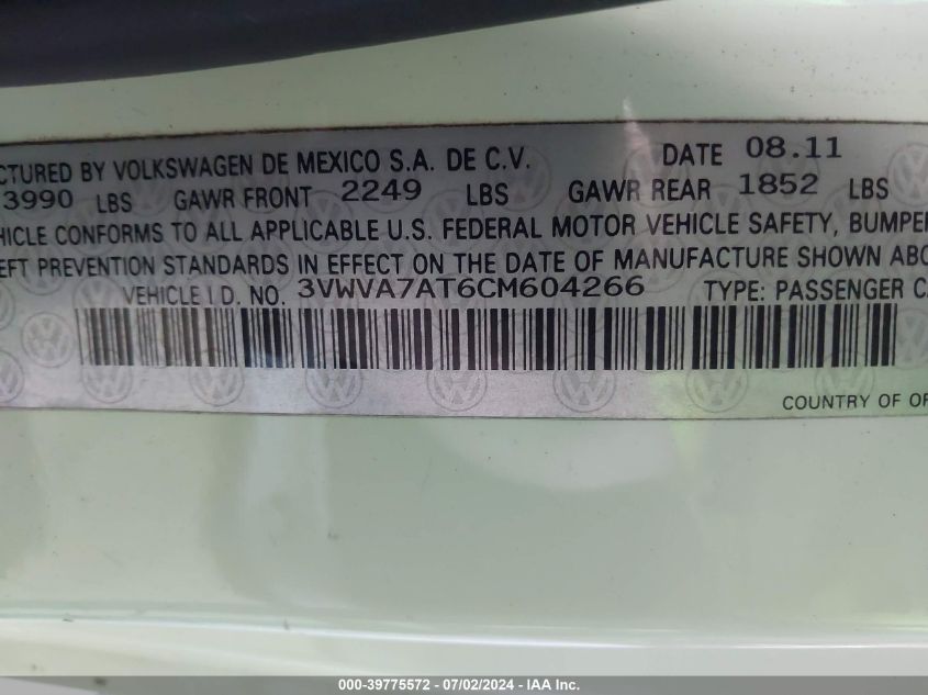 2012 Volkswagen Beetle 2.0T Turbo Launch Edition VIN: 3VWVA7AT6CM604266 Lot: 39775572