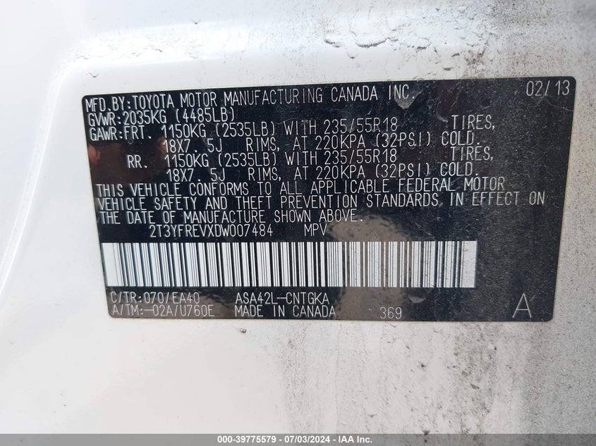 2013 TOYOTA RAV4 LIMITED - 2T3YFREVXDW007484