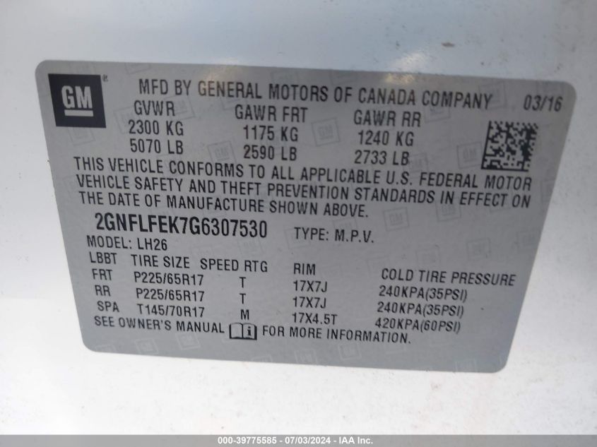 2016 Chevrolet Equinox Lt VIN: 2GNFLFEK7G6307530 Lot: 39775585