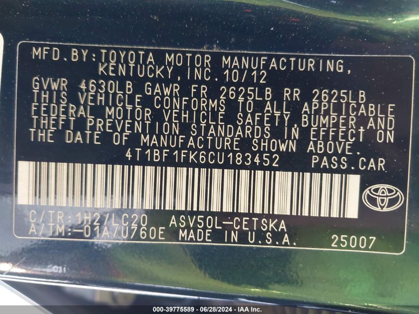 2012 Toyota Camry Se VIN: 4T1BF1FK6CU183452 Lot: 39775589