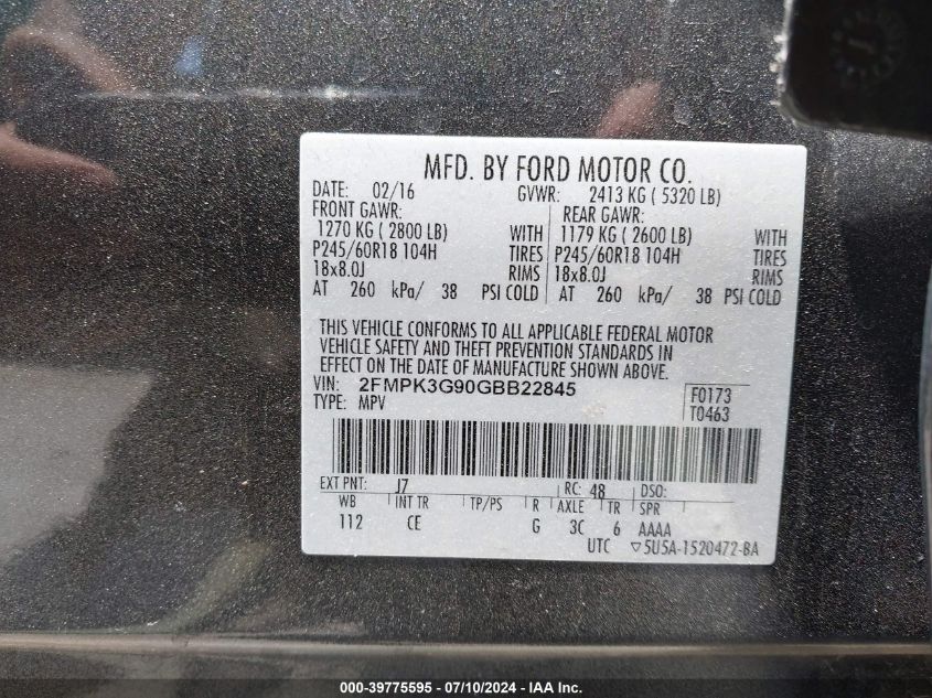 2016 Ford Edge Se VIN: 2FMPK3G90GBB22845 Lot: 39775595