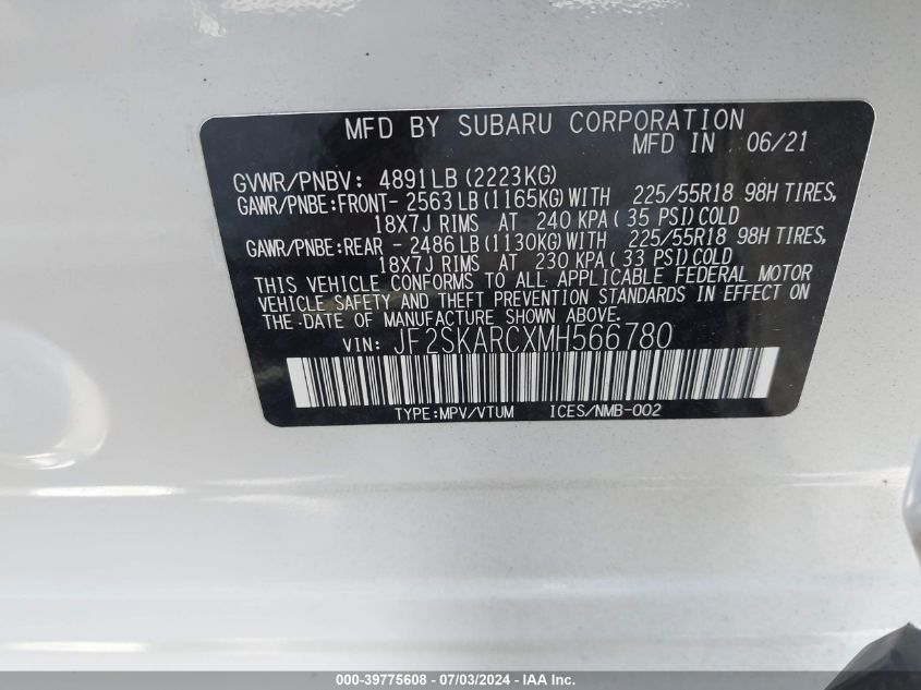 2021 Subaru Forester Sport VIN: JF2SKARCXMH566780 Lot: 39775608