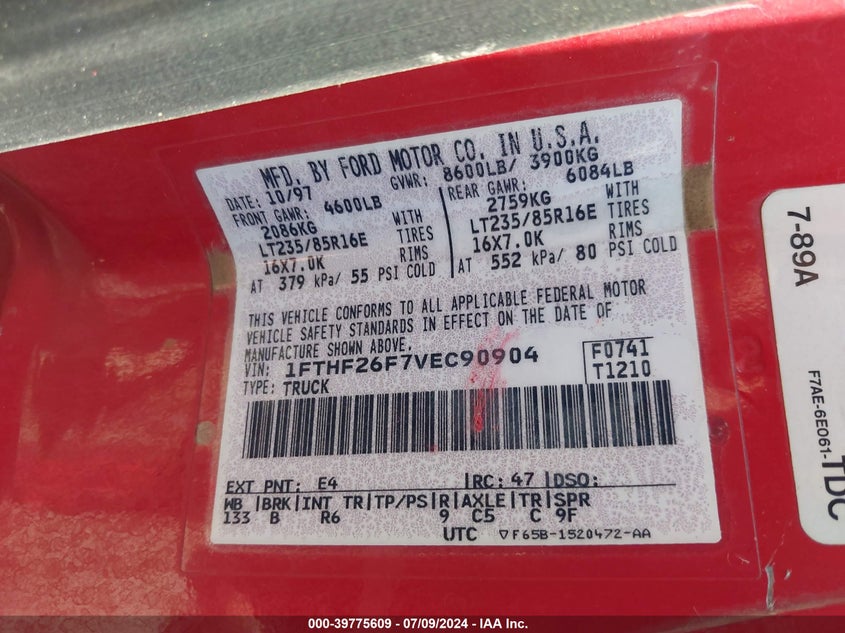 1997 Ford F-250 Xl VIN: 1FTHF26F7VEC90904 Lot: 39775609