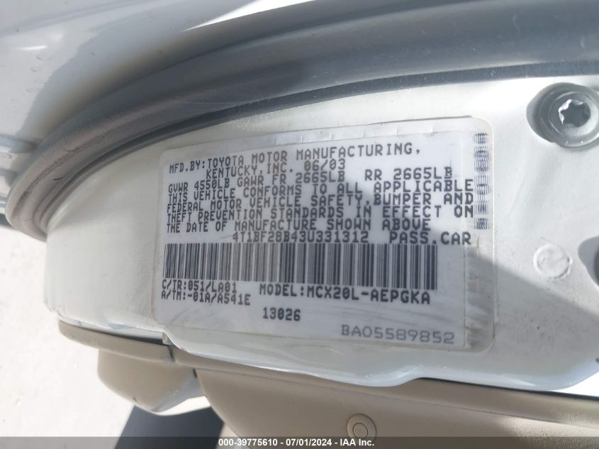 2003 Toyota Avalon Xls VIN: 4T1BF28B43U331312 Lot: 39775610