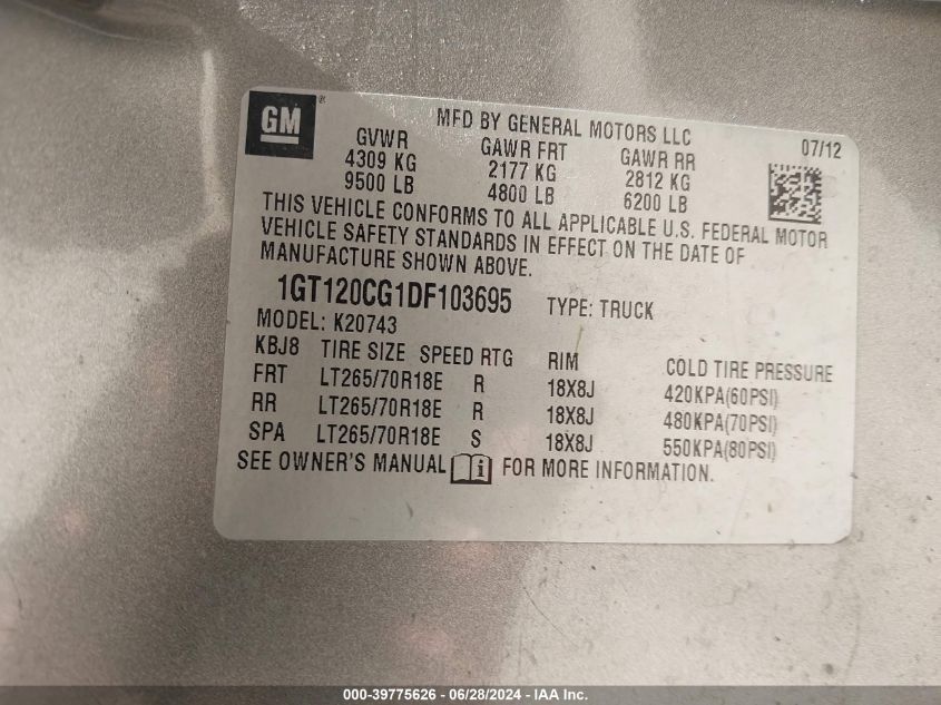 2013 GMC Sierra 2500Hd Sle VIN: 1GT120CG1DF103695 Lot: 39775626