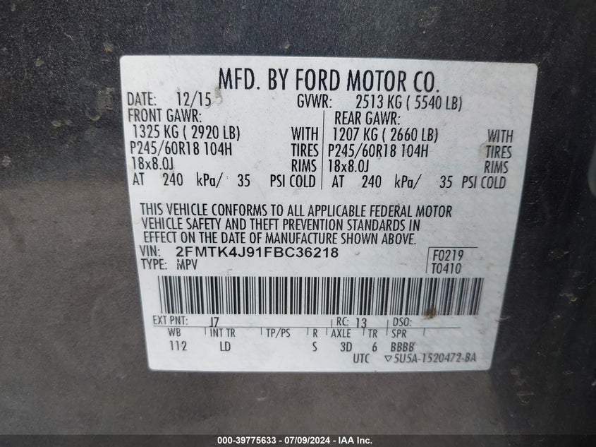 2015 Ford Edge Sel VIN: 2FMTK4J91FBC36218 Lot: 39775633