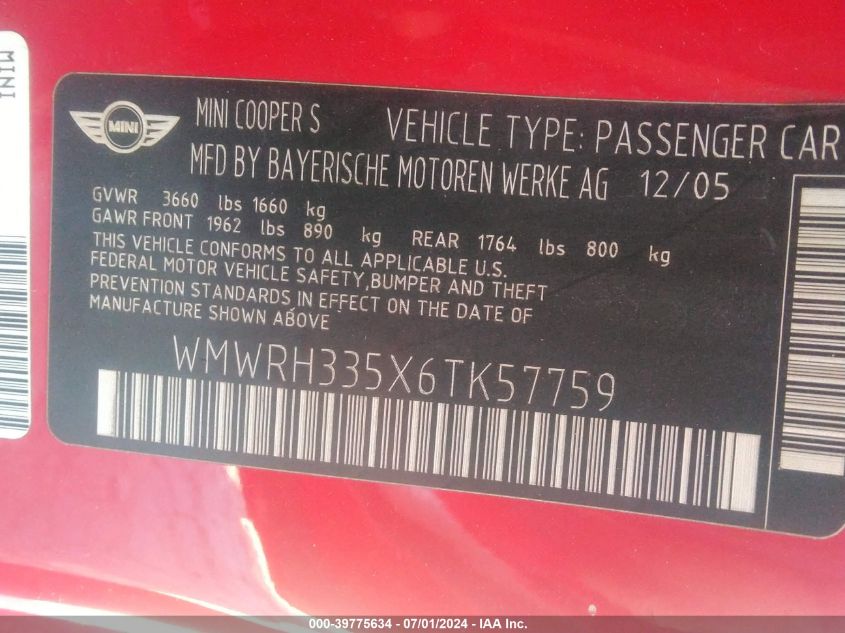 2006 Mini Cooper S VIN: WMWRH335X6TK57759 Lot: 39775634