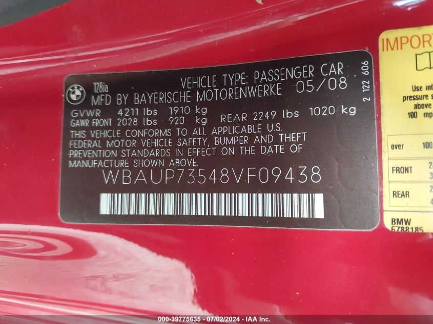 2008 BMW 128I VIN: WBAUP73548ZF09438 Lot: 39775635