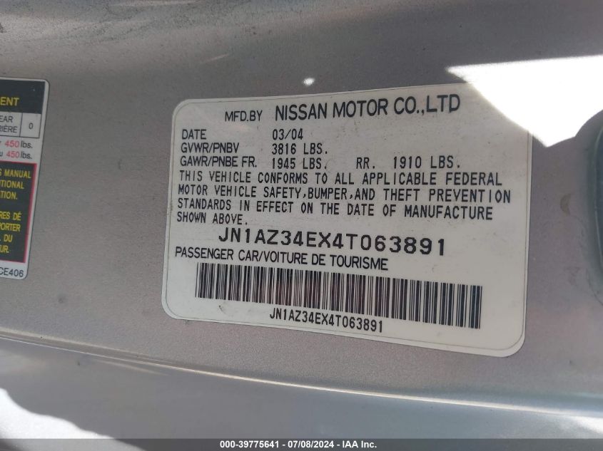 2004 Nissan 350Z VIN: JN1AZ34EX4T063891 Lot: 39775641