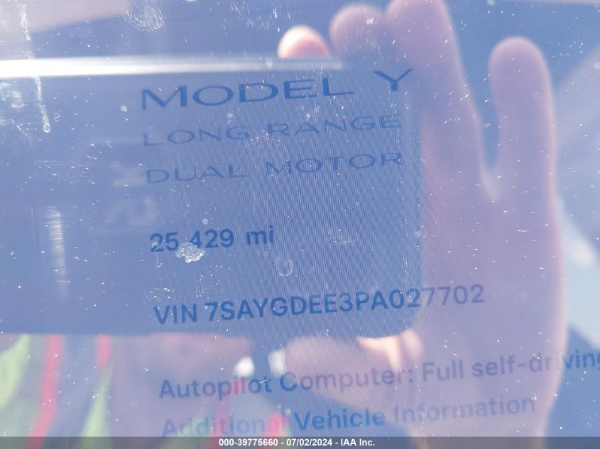 2023 Tesla Model Y Awd/Long Range Dual Motor All-Wheel Drive VIN: 7SAYGDEE3PA027702 Lot: 39775660