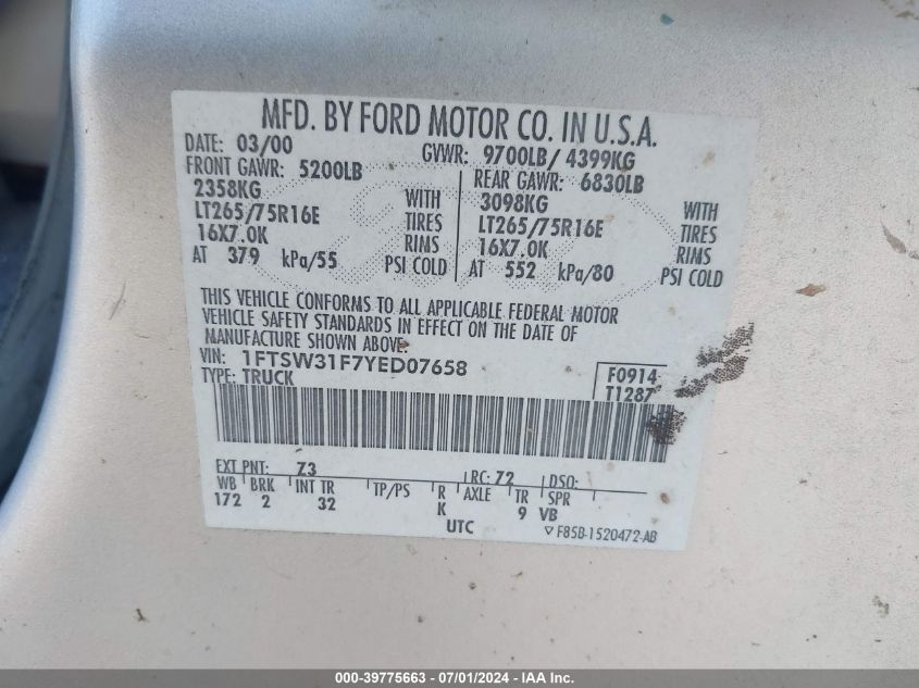 2000 Ford F-350 Lariat/Xl/Xlt VIN: 1FTSW31F7YED07658 Lot: 39775663