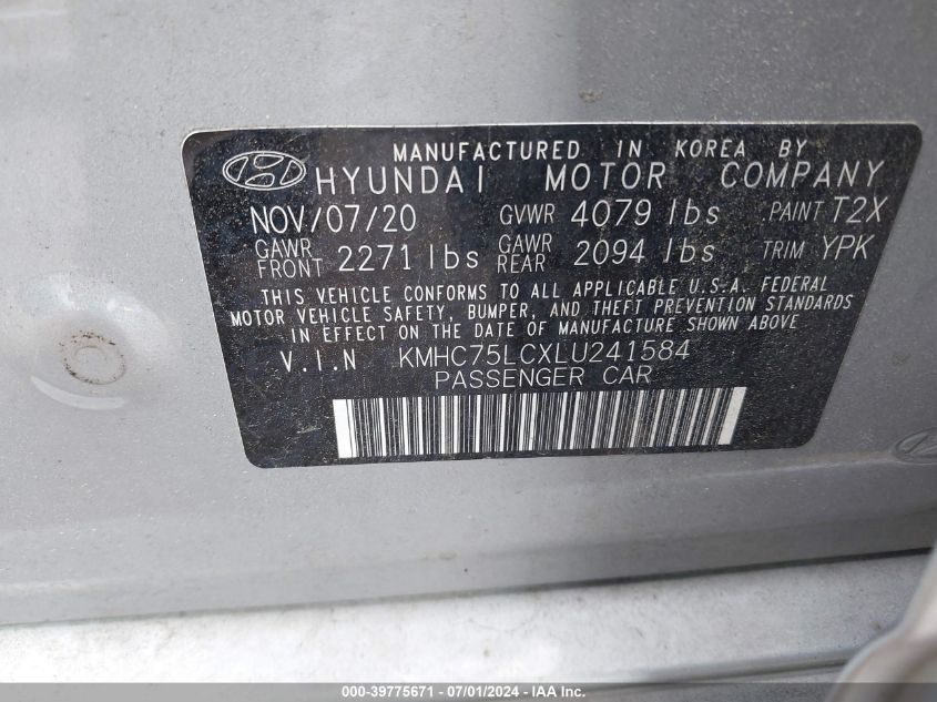 2020 Hyundai Ioniq Hybrid Se VIN: KMHC75LCXLU241584 Lot: 39775671