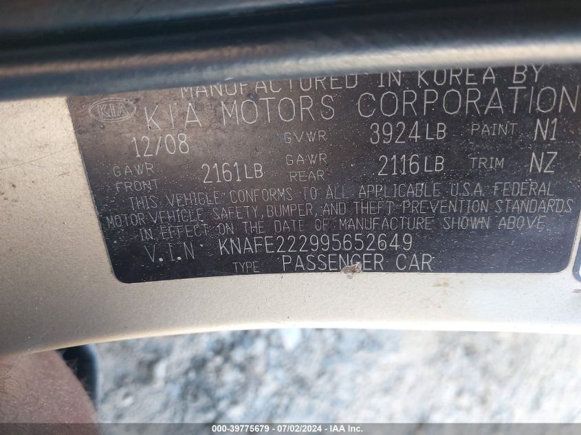 2009 Kia Spectra Ex VIN: KNAFE222995652649 Lot: 39775679