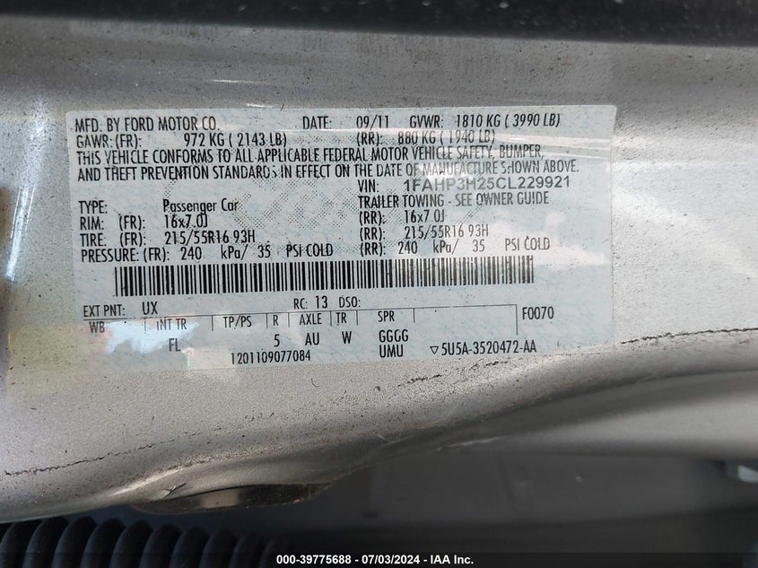 2012 Ford Focus Sel VIN: 1FAHP3H25CL229921 Lot: 39775688