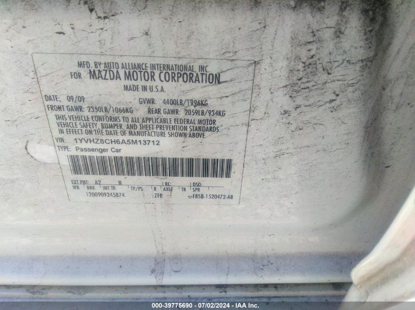 2010 Mazda Mazda6 I VIN: 1YVHZ8CH6A5M13712 Lot: 39775690