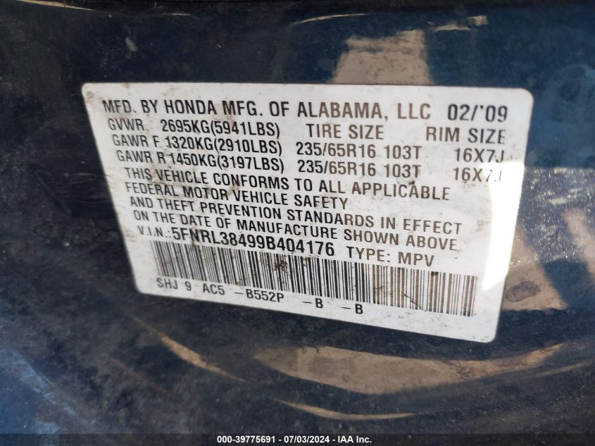 2009 Honda Odyssey Ex VIN: 5FNRL38499B404176 Lot: 39775691