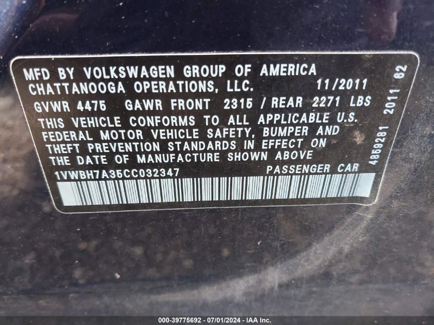 2012 Volkswagen Passat Se W/Sunroof VIN: 1VWBH7A35CC032347 Lot: 39775692