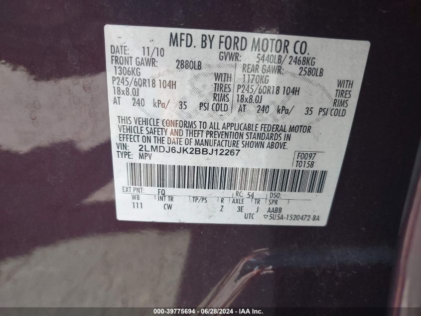 2011 Lincoln Mkx VIN: 2LMDJ6JK2BBJ12267 Lot: 39775694