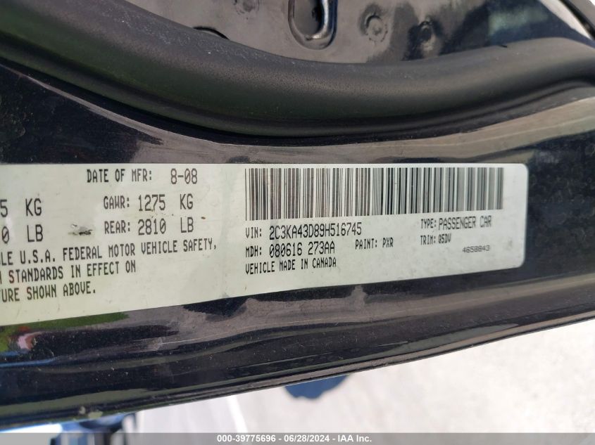 2009 Chrysler 300 Lx VIN: 2C3KA43D89H516745 Lot: 39775696