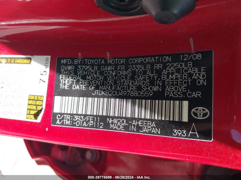 2009 Toyota Prius VIN: JTDKB20U497880559 Lot: 39775699