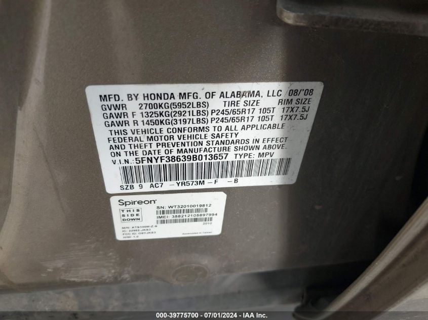 2009 Honda Pilot Ex-L VIN: 5FNYF38639B013657 Lot: 39775700