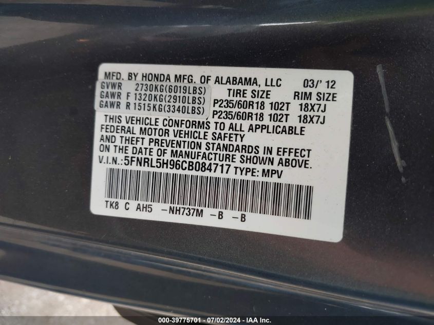 2012 Honda Odyssey Touring/Touring Elite VIN: 5FNRL5H96CB084717 Lot: 39775701