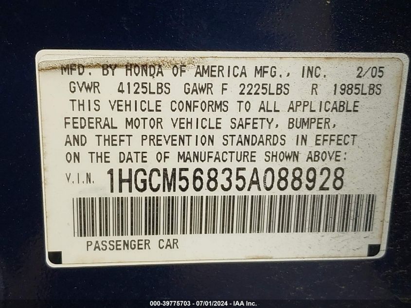 2005 Honda Accord 2.4 Ex VIN: 1HGCM56835A088928 Lot: 39775703