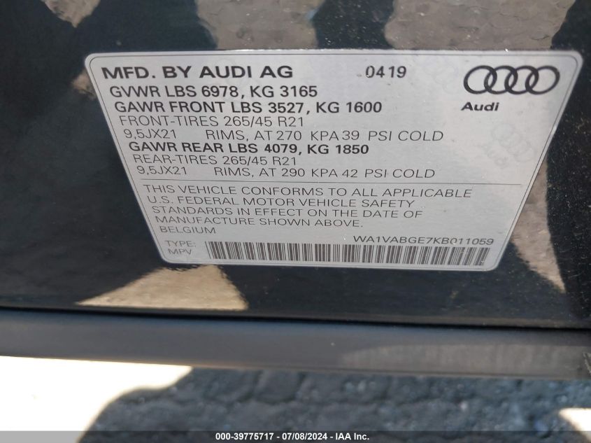 2019 Audi E-Tron Premium Plus VIN: WA1VABGE7KB011059 Lot: 39775717