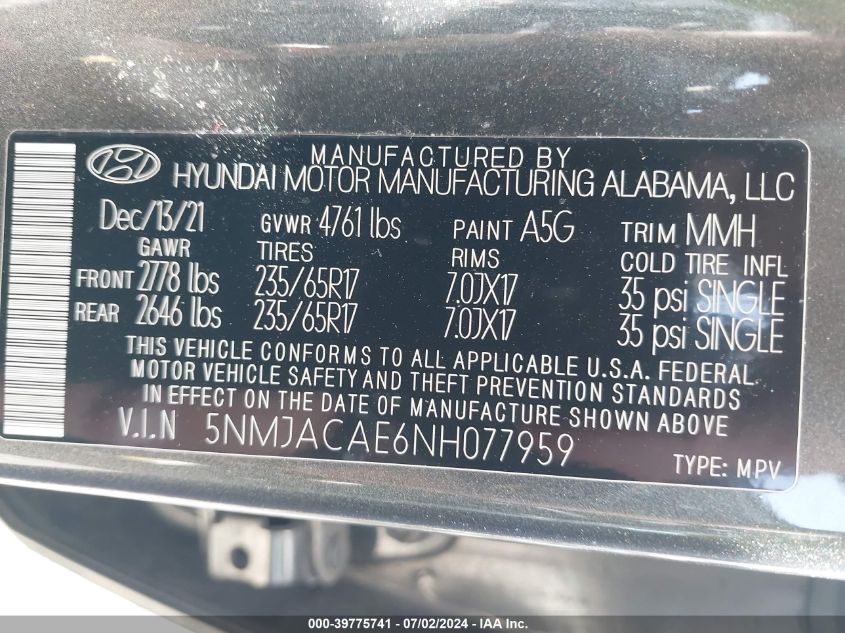 2022 Hyundai Tucson Se VIN: 5NMJACAE6NH077959 Lot: 39775741