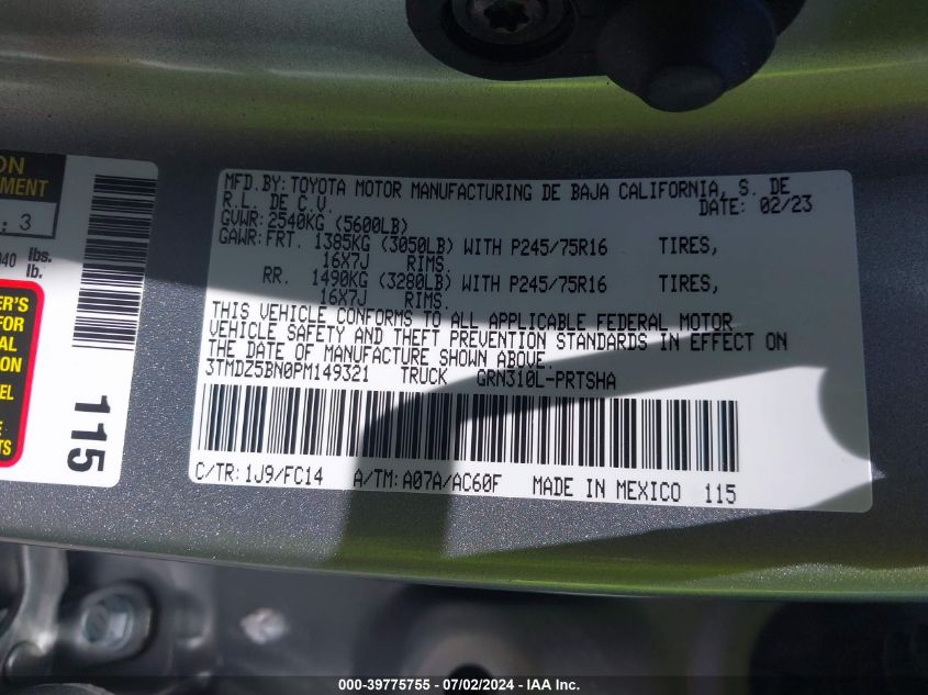 2023 Toyota Tacoma Sr5 V6 VIN: 3TMDZ5BN0PM149321 Lot: 39775755