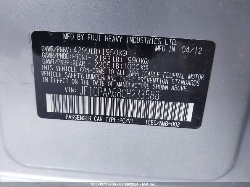 2012 Subaru Impreza 2.0I VIN: JF1GPAA68CH233588 Lot: 39775756