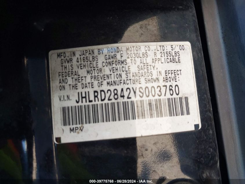 2000 Honda Cr-V Lx VIN: JHLRD2842YS003760 Lot: 39775768