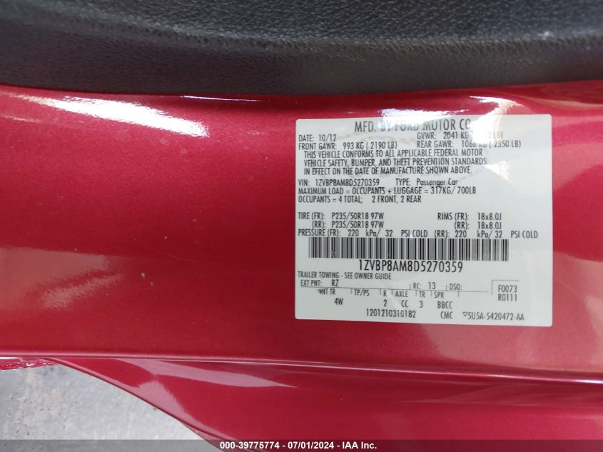 2013 Ford Mustang V6 Premium VIN: 1ZVBP8AM8D5270359 Lot: 39775774