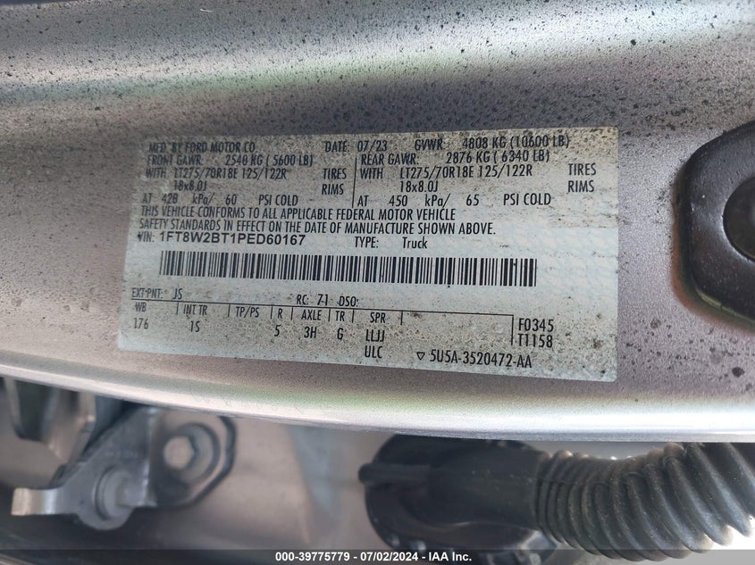 2023 Ford F-250 Xl VIN: 1FT8W2BT1PED60167 Lot: 39775779