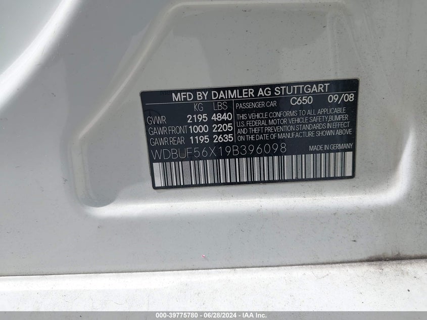 2009 Mercedes-Benz E 350 VIN: WDBUF56X19B396098 Lot: 39775780
