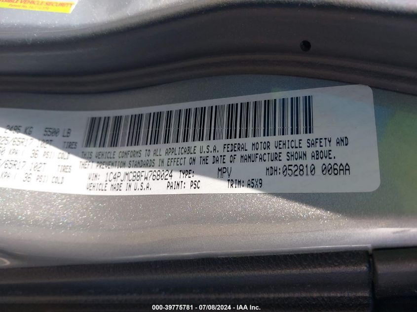 2015 Jeep Cherokee Latitude VIN: 1C4PJMCB8FW768024 Lot: 39775781