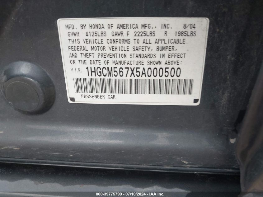 2005 Honda Accord Ex VIN: 1HGCM567X5A000500 Lot: 39775799
